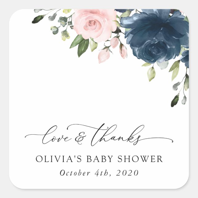 Navy Blue Flowers, Pink Flowers, Baby Shower Square Sticker (Front)