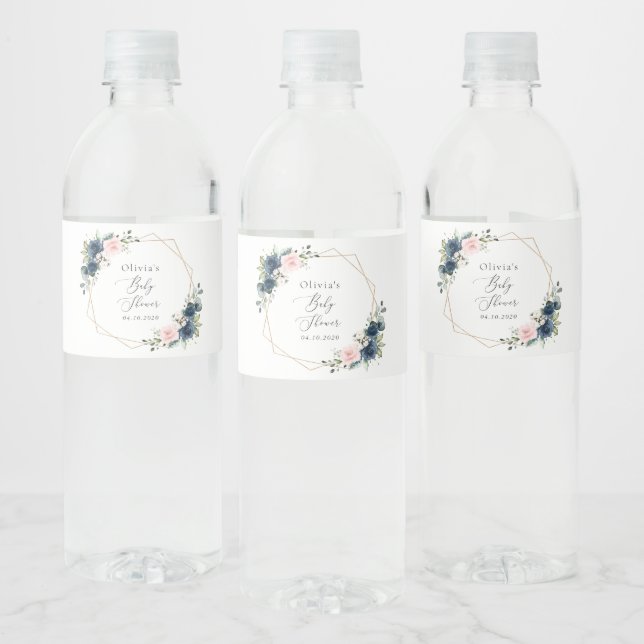 Navy Blue Flowers, Pink Flowers, Baby Shower  Water Bottle Label (Bottles)