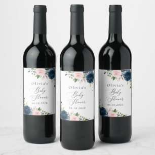 Navy Blue Flowers, Pink Flowers, Baby Shower Wine Label