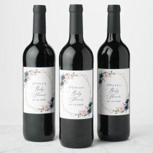 Navy Blue Flowers, Pink Flowers, Baby Shower Wine Label