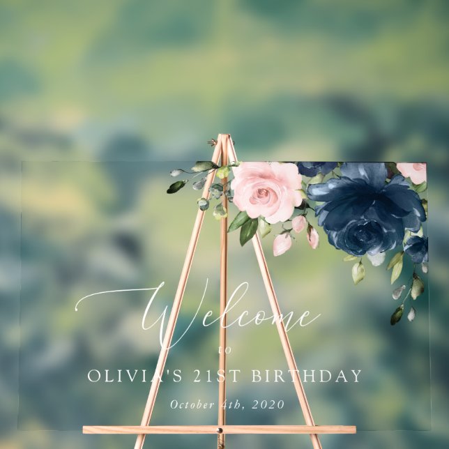Navy Blue Flowers, Pink Flowers, Birthday Welcome Acrylic Sign (Neutral)