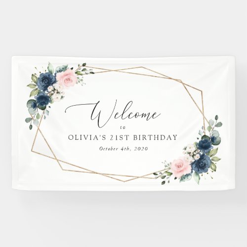 Navy Blue Flowers Pink Flowers Birthday Welcome Banner