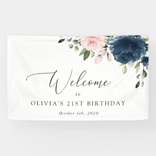 Navy Blue Flowers Pink Flowers Birthday Welcome Banner