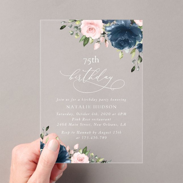 Navy Blue Flowers, Pink Flowers, Boho, Birthday Acrylic Invitations (Insitu (Handheld))