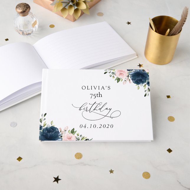 Navy Blue Flowers, Pink Flowers, Boho, Birthday Guest Book (Front Open)