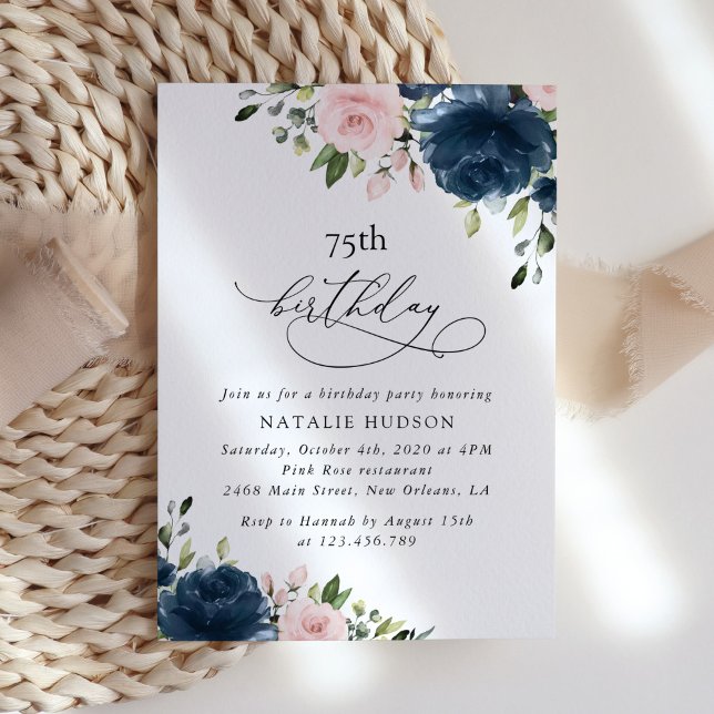 Navy Blue Flowers, Pink Flowers, Boho, Birthday Invitation (Creator Uploaded)