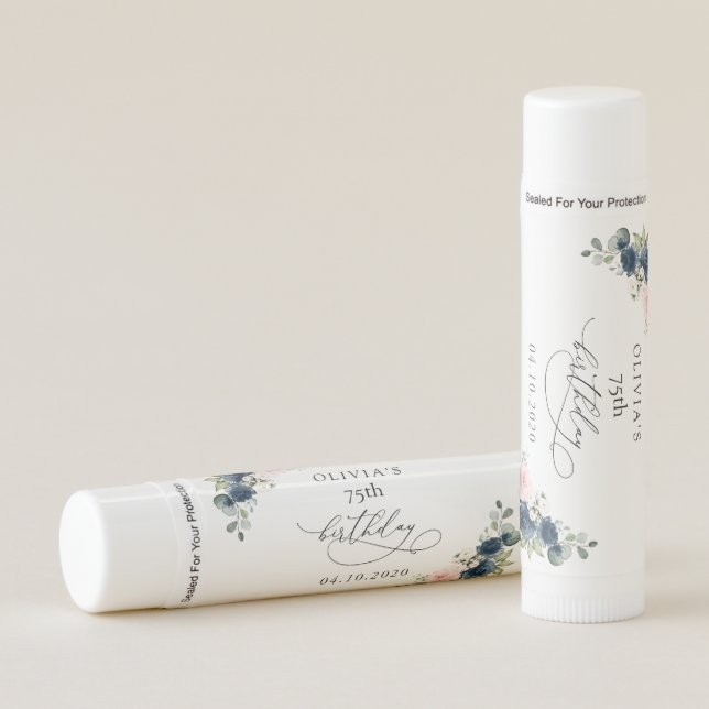 Navy Blue Flowers, Pink Flowers, Boho, Birthday Lip Balm (Front)