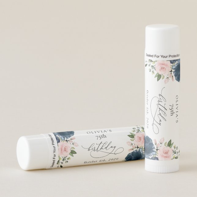 Navy Blue Flowers, Pink Flowers, Boho, Birthday Lip Balm (Front)