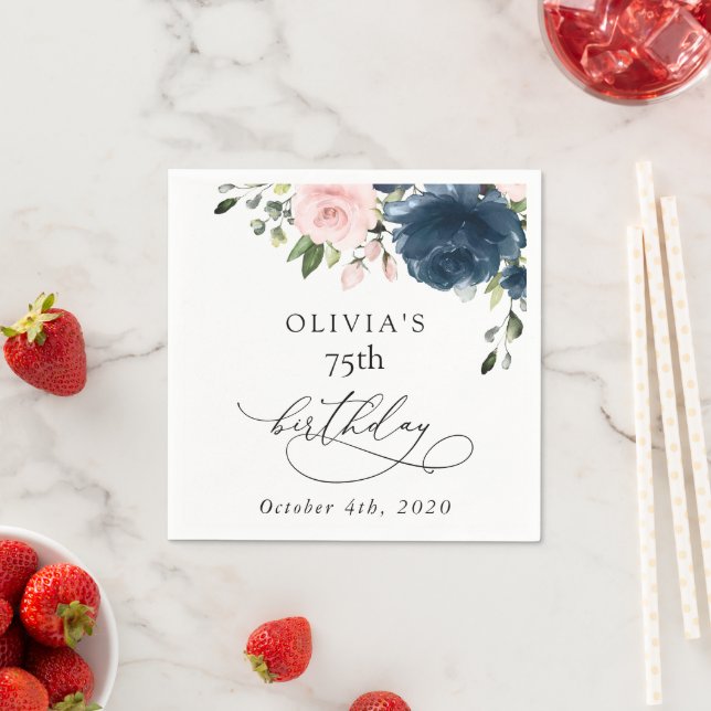 Navy Blue Flowers, Pink Flowers, Boho, Birthday Napkins (Insitu)