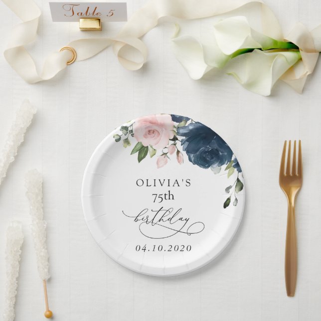 Navy Blue Flowers, Pink Flowers, Boho, Birthday Paper Plates (Wedding)