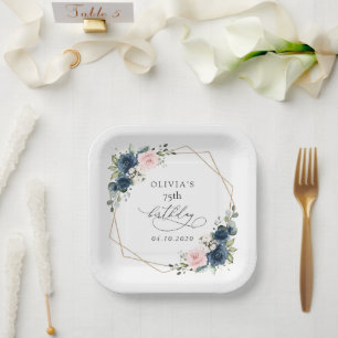 Navy Blue Flowers, Pink Flowers, Boho, Birthday Paper Plates