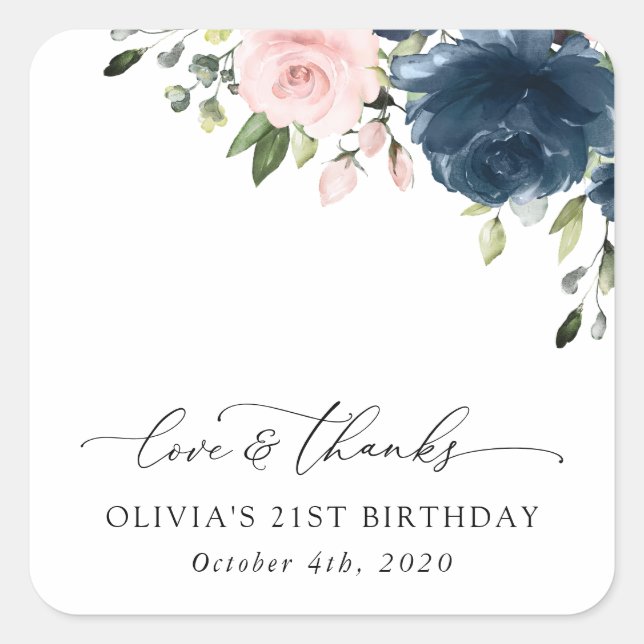 Navy Blue Flowers, Pink Flowers, Boho, Birthday Square Sticker (Front)