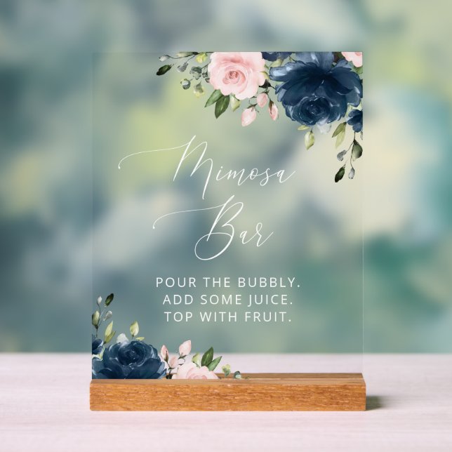Navy Blue Flowers, Pink Flowers, Boho, Mimosa Bar  Acrylic Sign (Neutral)