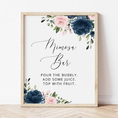 Navy Blue Flowers Pink Flowers Boho Mimosa Bar  Poster