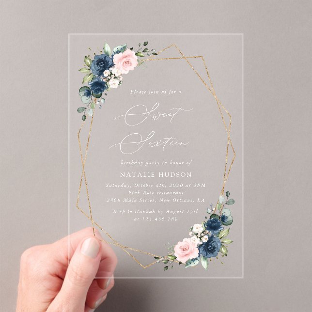 Navy Blue Flowers, Pink Flowers, Boho, Sweet 16 Acrylic Invitations (Insitu (Handheld))
