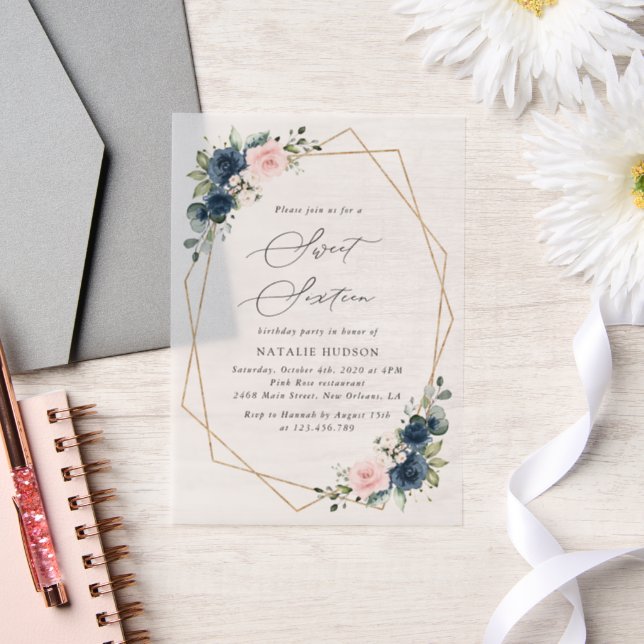 Navy Blue Flowers, Pink Flowers, Boho, Sweet 16 Vellum Invitations (Wedding)