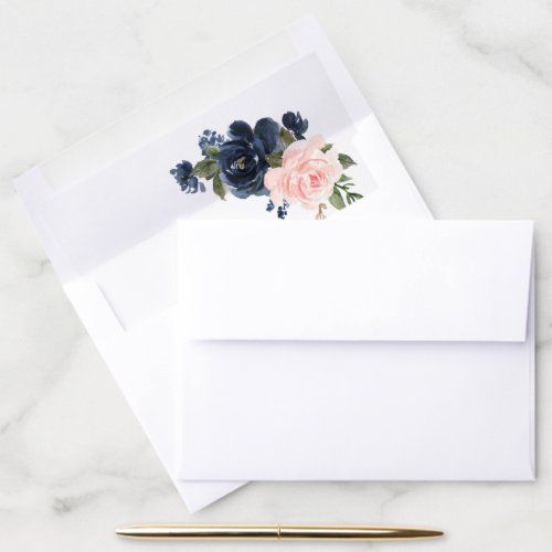 Navy Blue Flowers Pink Flowers Bridal Shower Envelope Liner