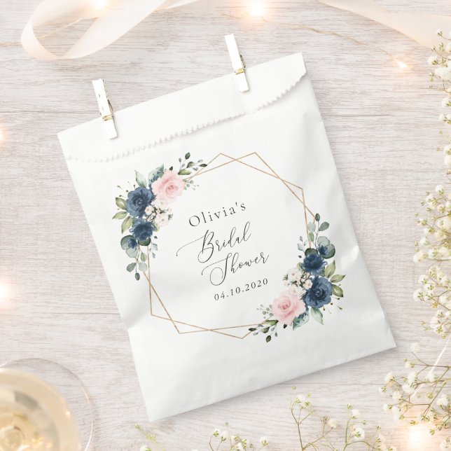 Navy Blue Flowers, Pink Flowers, Bridal Shower Favor Bag (Clipped)
