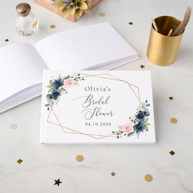 Navy Blue Flowers, Pink Flowers, Bridal Shower Guest Book (Front Open)