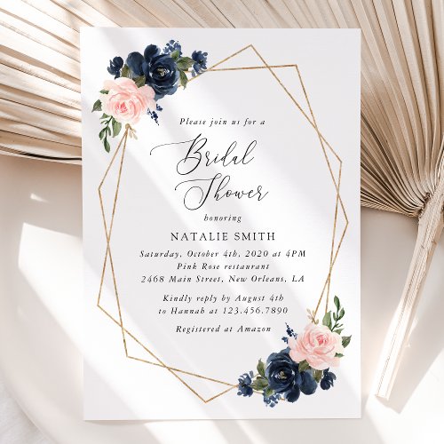 Navy Blue Flowers Pink Flowers Bridal Shower Invitation