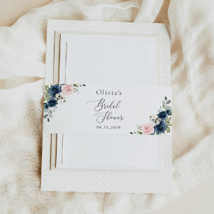 Navy Blue Flowers, Pink Flowers, Bridal Shower Invitation Belly Band
