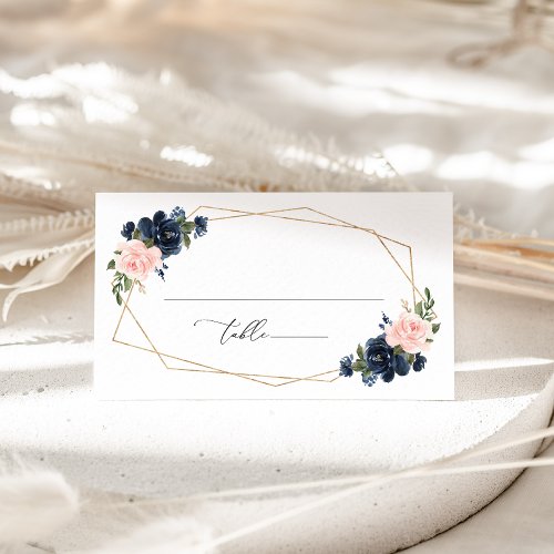 Navy Blue Flowers Pink Flowers Bridal Shower Place Card