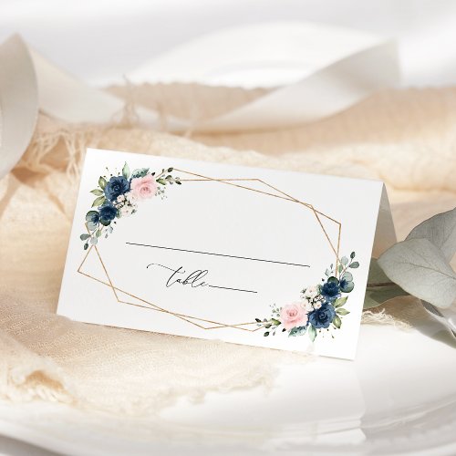 Navy Blue Flowers Pink Flowers Bridal Shower  Place Card