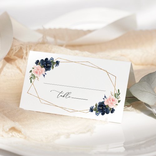 Navy Blue Flowers Pink Flowers Bridal Shower Place Card