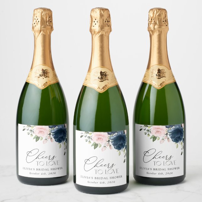 Navy Blue Flowers, Pink Flowers, Bridal Shower Sparkling Wine Label (Bottles)