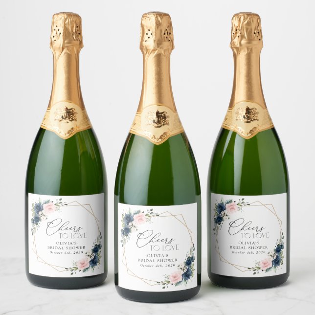 Navy Blue Flowers, Pink Flowers, Bridal Shower Sparkling Wine Label (Bottles)