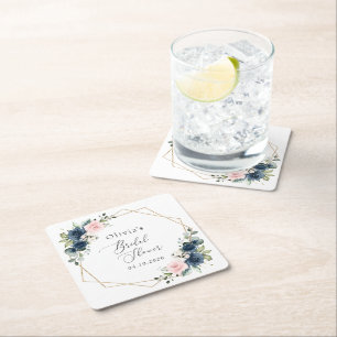 Navy Blue Flowers, Pink Flowers, Bridal Shower Square Paper Coaster