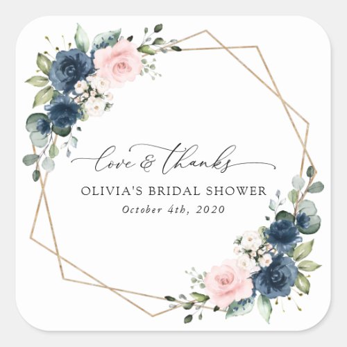 Navy Blue Flowers Pink Flowers Bridal Shower Square Sticker