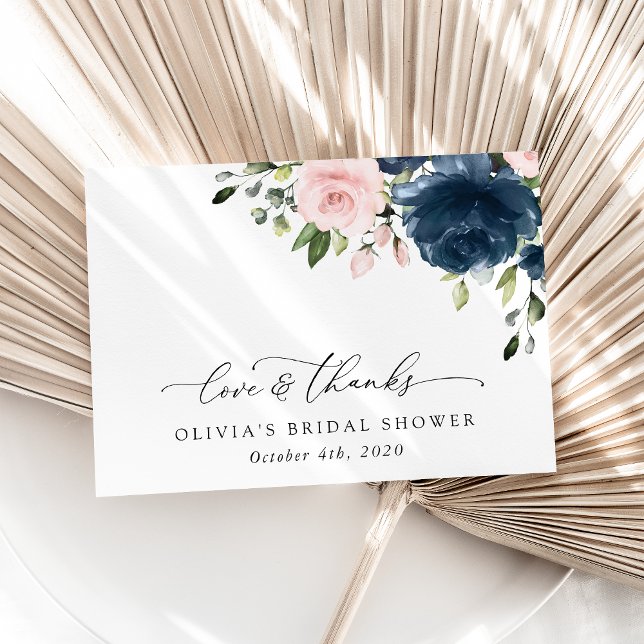 Navy Blue Flowers, Pink Flowers, Bridal Shower Thank You Card (Creator Uploaded)