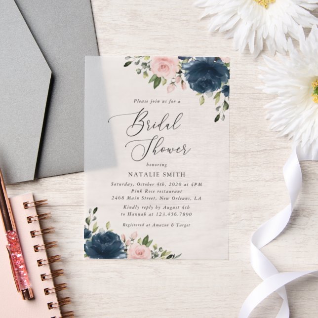 Navy Blue Flowers, Pink Flowers, Bridal Shower Vellum Invitations (Wedding)