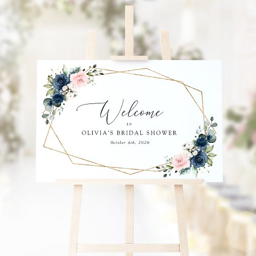 Navy Blue Flowers Pink Flowers Bridal Welcome Poster