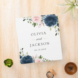 Navy Blue Flowers, Pink Flowers, Floral Wedding 3 Ring Binder