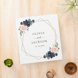 Navy Blue Flowers, Pink Flowers, Floral Wedding 3 Ring Binder