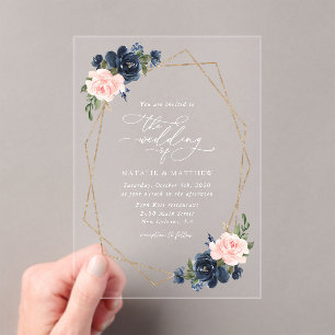 Navy Blue Flowers, Pink Flowers, Floral Wedding Acrylic Invitations