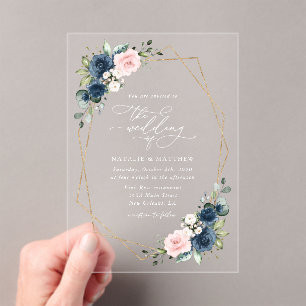 Navy Blue Flowers, Pink Flowers, Floral Wedding Acrylic Invitations