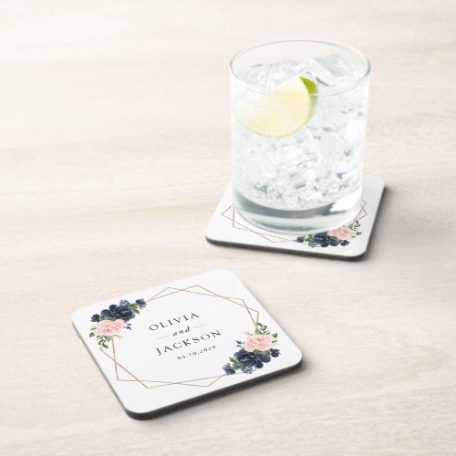 Navy Blue Flowers Pink Flowers Floral Wedding Beverage Coaster