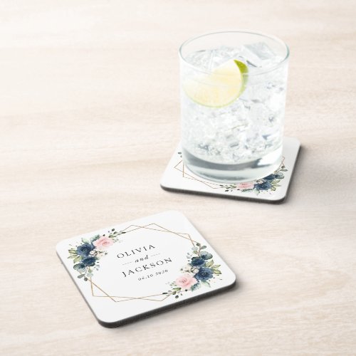 Navy Blue Flowers Pink Flowers Floral Wedding Beverage Coaster