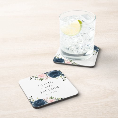 Navy Blue Flowers Pink Flowers Floral Wedding Beverage Coaster