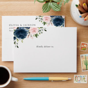 Navy Blue Flowers, Pink Flowers, Floral Wedding Envelope