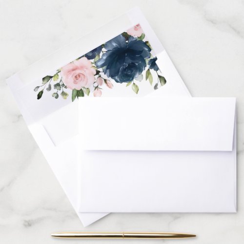 Navy Blue Flowers Pink Flowers Floral Wedding Envelope Liner
