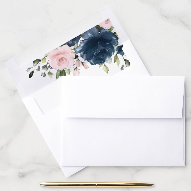 Navy Blue Flowers, Pink Flowers, Floral Wedding Envelope Liner (Desk)