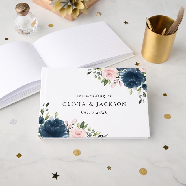 Navy Blue Flowers, Pink Flowers, Floral Wedding Guest Book (Front Open)