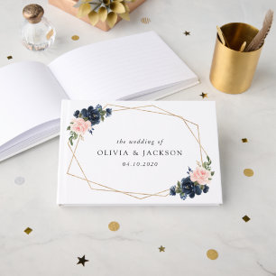 Navy Blue Flowers, Pink Flowers, Floral Wedding Guest Book