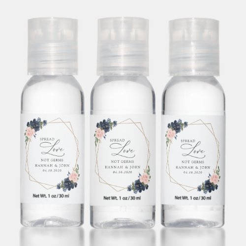 Navy Blue Flowers Pink Flowers Floral Wedding Hand Sanitizer