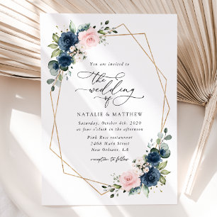 Navy Blue Flowers, Pink Flowers, Floral Wedding Invitation