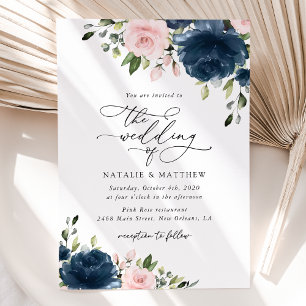 Navy Blue Flowers, Pink Flowers, Floral Wedding Invitation